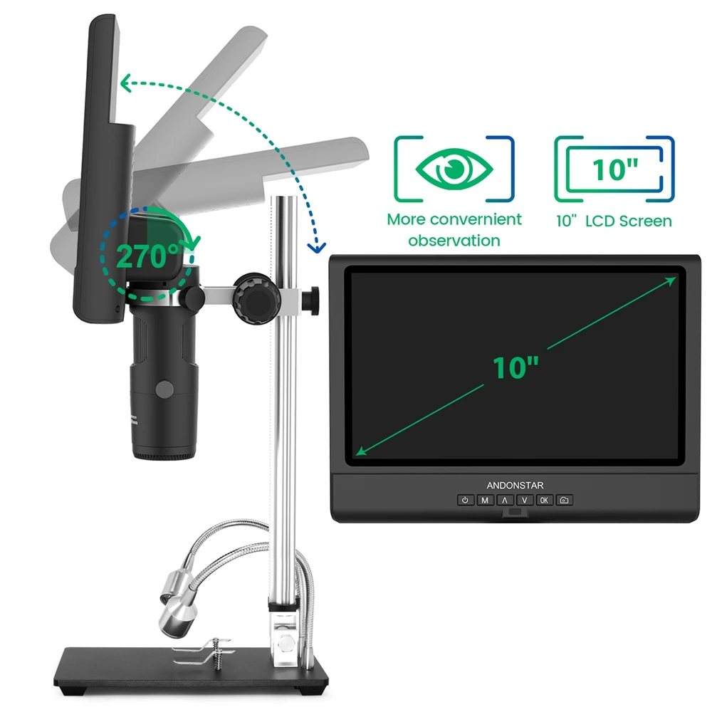 Andonstar 10 Inch Digital Microscope 1080P LCD Display Adjustable Video Magnifier for Soldering Phone Watch Repair Metal Bracket