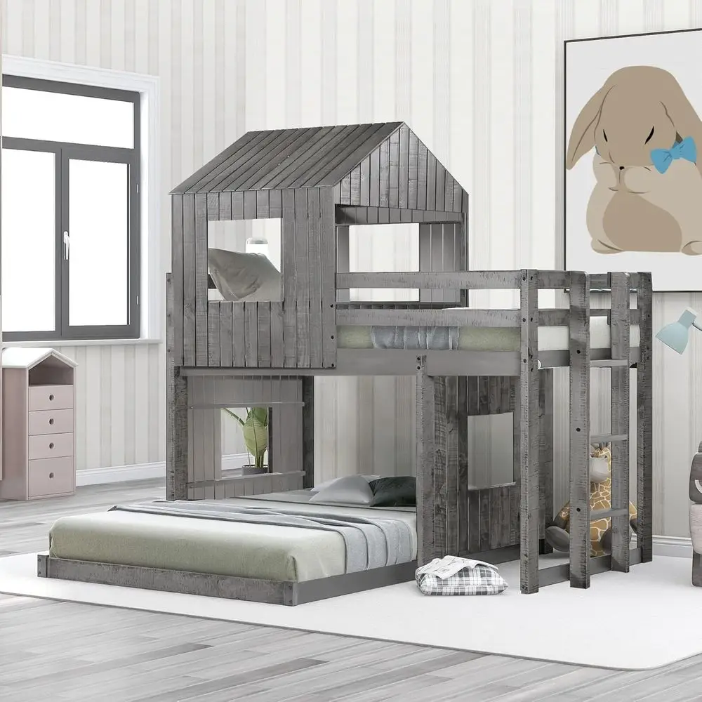 

Cottage-Style Twin Over Full Bunk Bed with Playhouse, Antique Gray