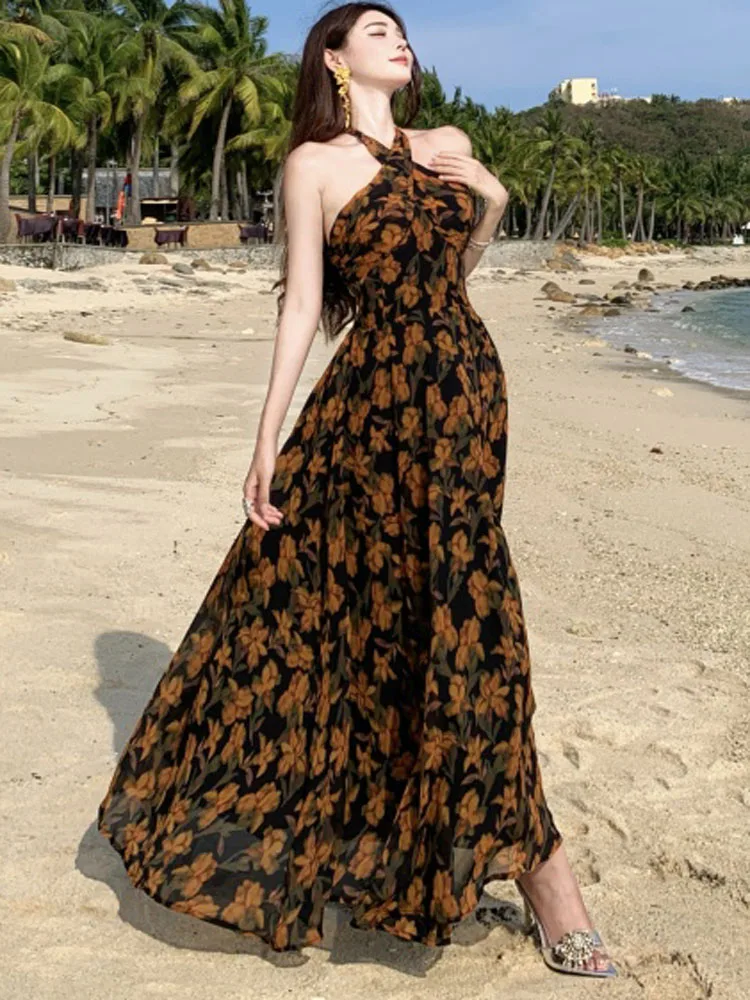 Elegant Boho Dress For Women Sexy Halter Off Shoulder Female Fashion Floral Print Chiffon Slim Beach Party Dress Robe 2025