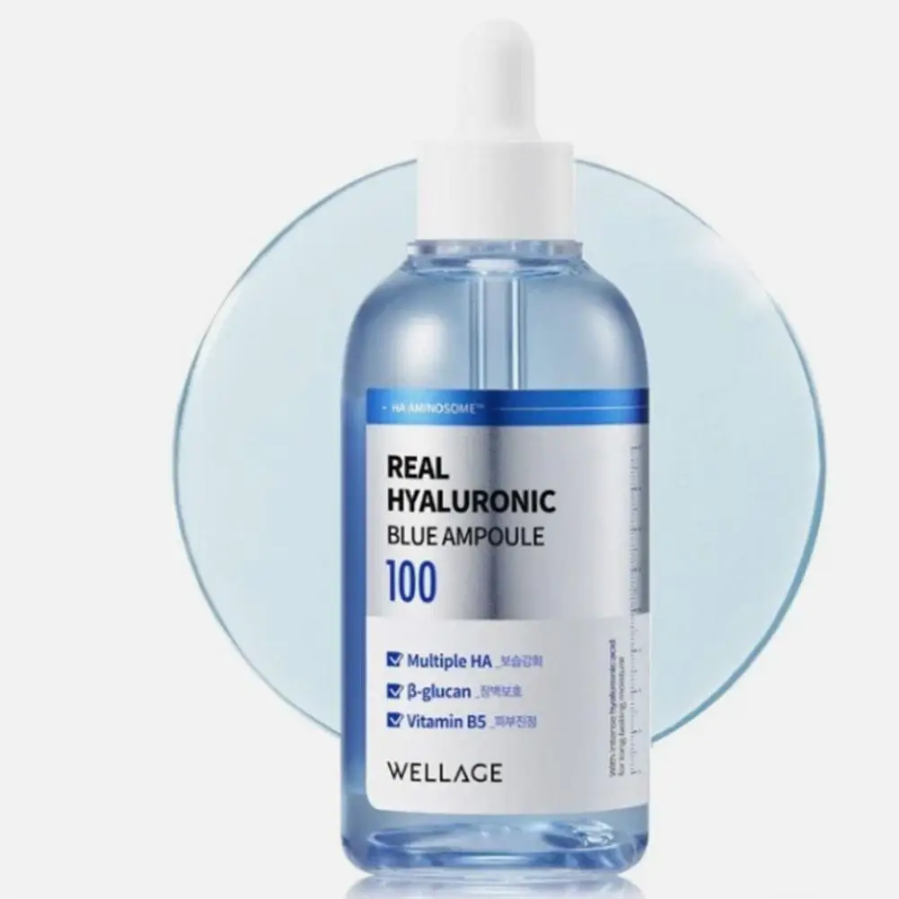 WELLAGE Real Hyaluronic Blue Ampoule 100ml - Multiple HA, Beta-Glucan & Panthenol Deep Hydrating Serum for Sensitive Skin Care