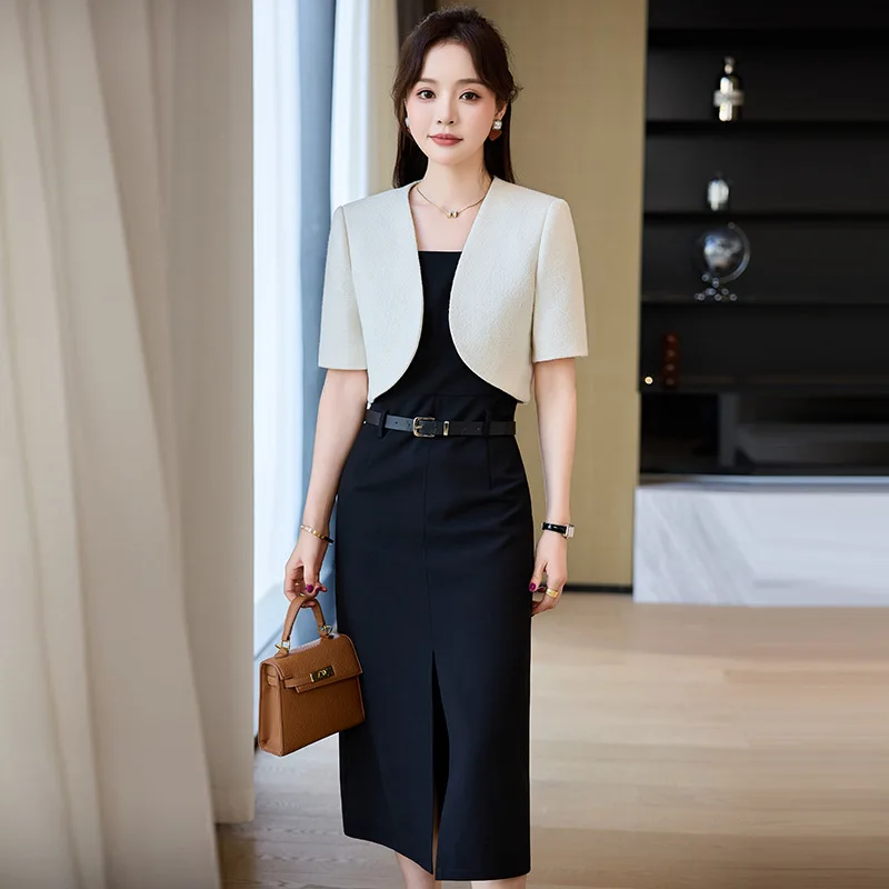 Women Suit Skirt Set 2 Piece Blazer+Midi Prom Dress Summer Short Sleeves Formal Office Lady Work Jacket V Neck Coat Party Gown