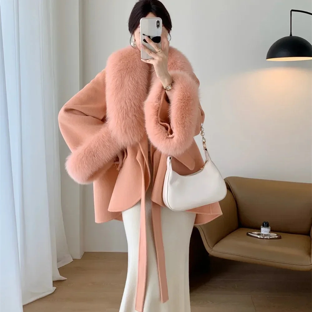 Real Big Fur Coat Women Detachable Collar Woolen Jacket New Fashion Winter Autumn Loose Cashmere Blends Luxury Fashion Cloak