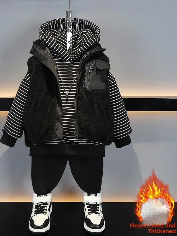 

Thiened Fce, теплый детский комплект жилетов, новинка зимы 2022, корейская версия, свитшот с длинными свемами для мальчиков, брюки, комплект из двух предметов