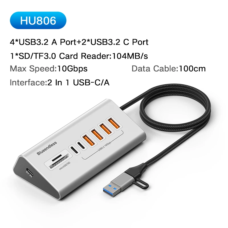 Blueendless Aluminium 10Gbps USB3.2 Gen2 4/10-Port HUB Dockingstation USB-C USB-A Typ C Splitter Adapter für PC Laptop MacBook