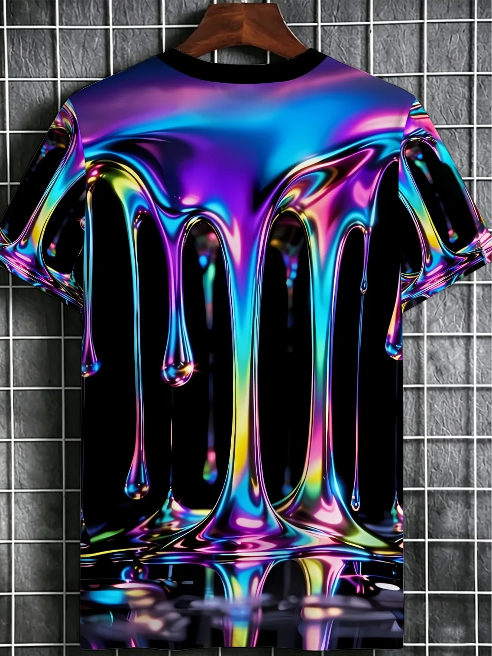 Bunte flüssige Tropfen fallen in 3D-gedrucktem Herren-T-Shirt, atmungsaktiv, für Freizeit und schnelltrocknend, Outdoor-Streetwear-Stil, Sport-Oberteil – Detail 3