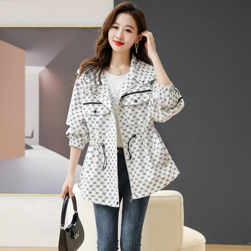 2024 New Spring Autumn Korean Casual Hooded Windbreaker Women Loose Temperament Fashion Print Trench Coat Female Outerwear