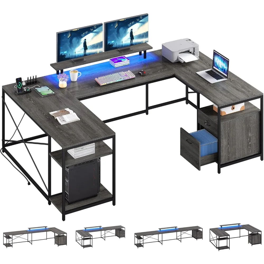 

U Shaped Desk, Computer Desk with Power Outlets & LED Lights, Reversible L Shaped Desk with Drawers