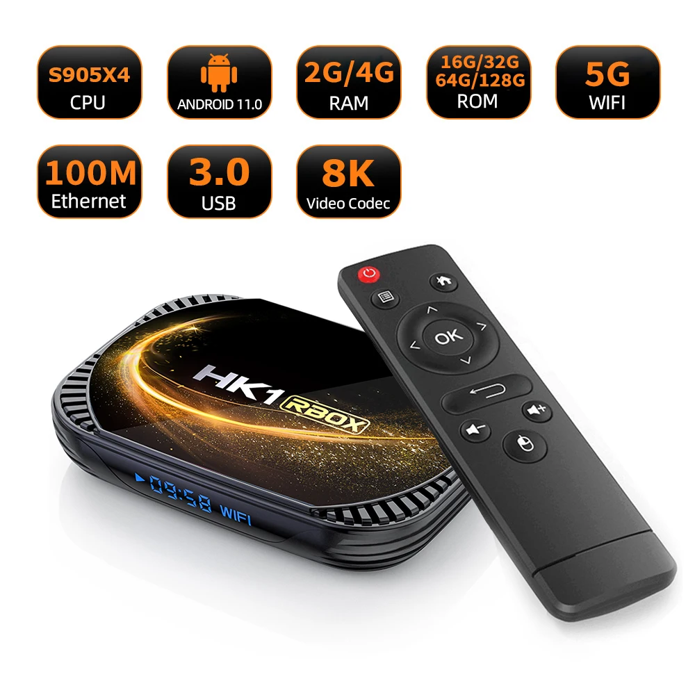 Dispositivo de TV inteligente HK1 RBOX X4S, decodificador con Android 11,0, Amlogic S905X4, 8K, 4G, 32/ 64/128GB, 3D, Wifi, 2,4G y 5G, Google Stream, reproductor multimedia Youtu