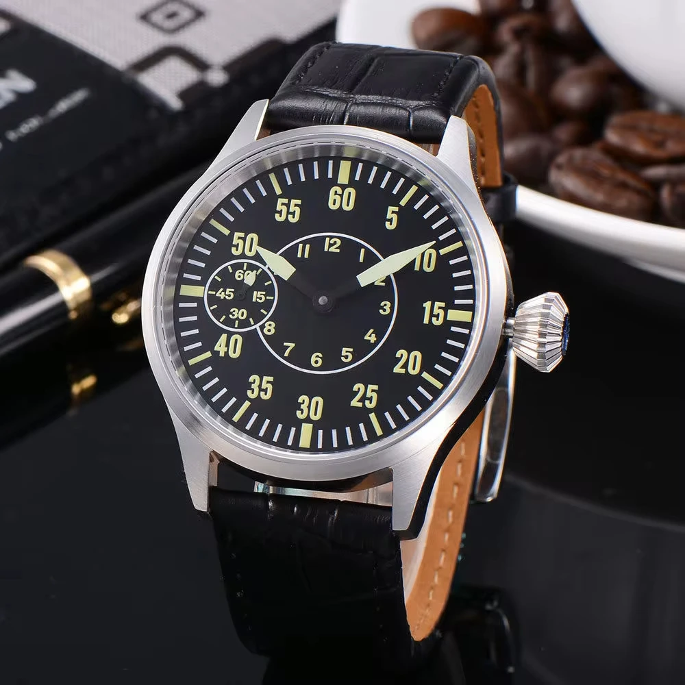 43mm Corgeut 17 Jewels Automatic 6497 Mechanical Mens Watch Sapphire Glass Black Dial Stainless steel Waterproof