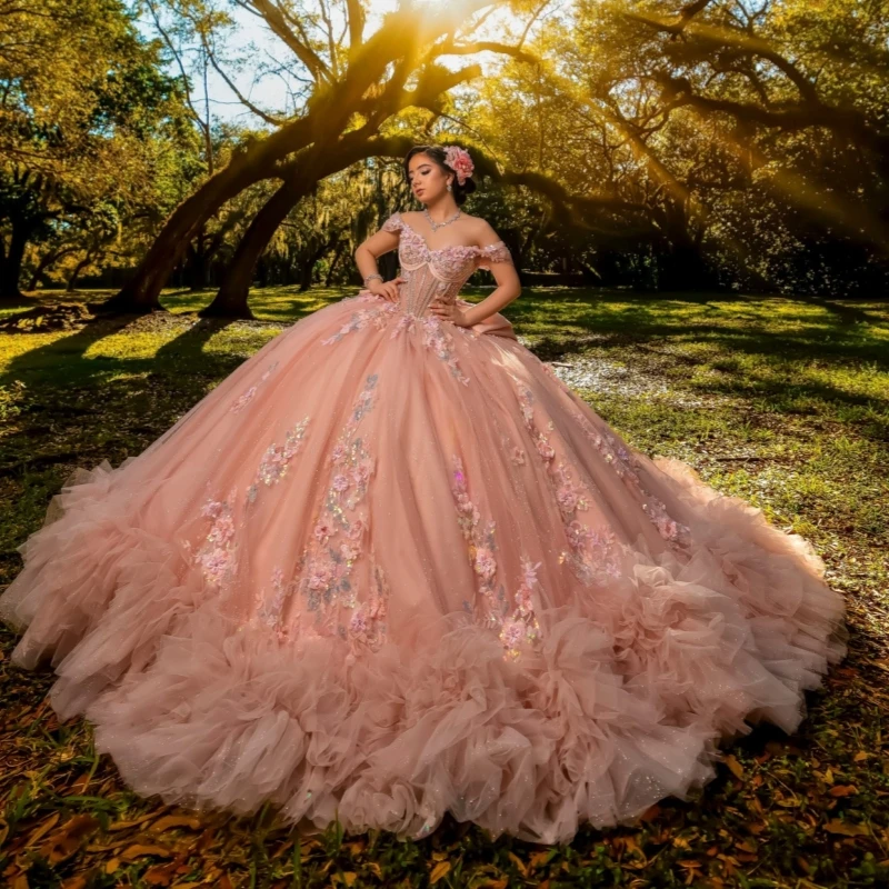 

Pink Quinceanera Dresses Ball Gown Off The Shoulder Applique Flower Beading Crystal Bow Tiered Tull Party Birthday Sweet 16