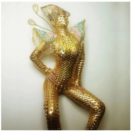 GOGO Rompers Future Warrior เวทีแสดงเซ็กซี่ฮาโลวีน Jumpsuit Golden คนต่างด้าวเครื่องแต่งกายชุดบาร์ไนท์คลับ