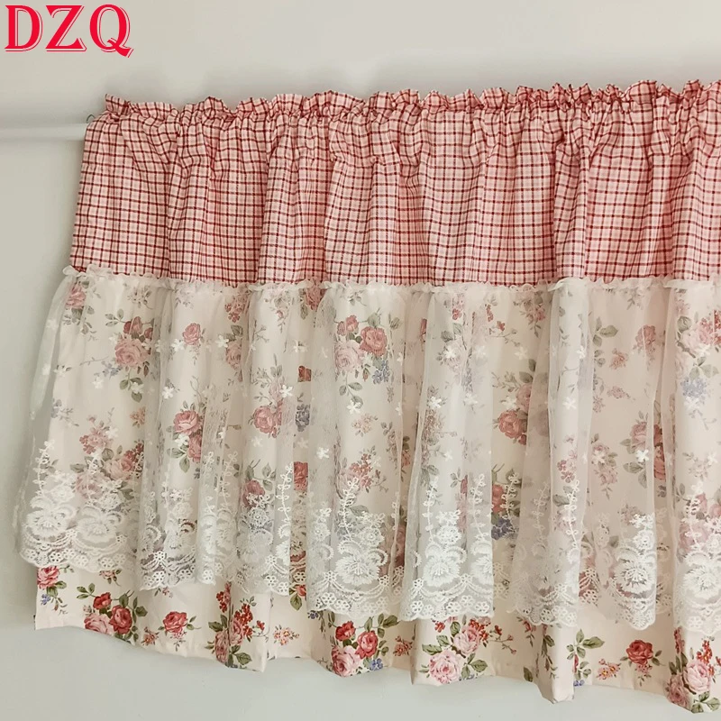 

Double Layer Korean Flowers Short Curtains Cloth for kitchen Japanese Pastoral Floral Lace Half Curtains for Cupboard #A676