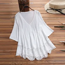 Women Lace V Neck Tee Shirts Elegant Three Quarter Sleeve Plus Size Blouses Oversize Tops Women's T Shirts For Spring And Summer