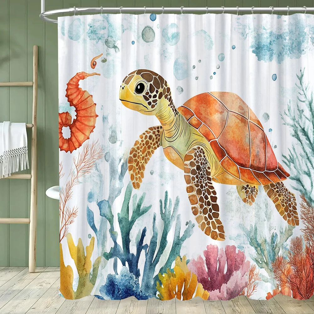 Underwater World Turtle and hippo Fish Shower Curtain, Ocean Bathroom Decor Shower Curtain, Waterproof Shower Curtain with Hooks