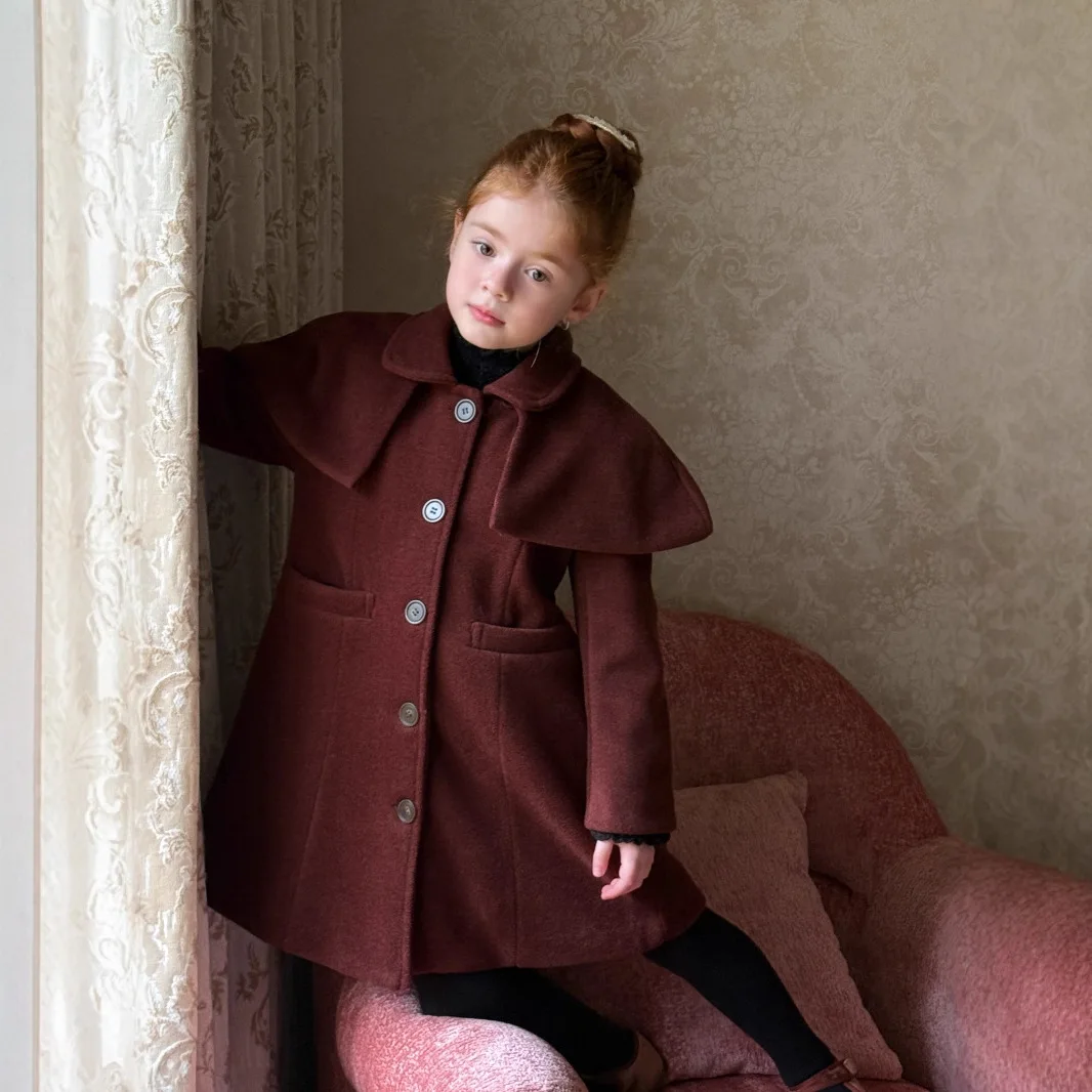 

UNITIM Kids Baby Girl Woolen Jacket Winter Turn Down Collar Thick Warm Toddler Girl Quilted Coat Retro Red Infant Girl Cape Coat