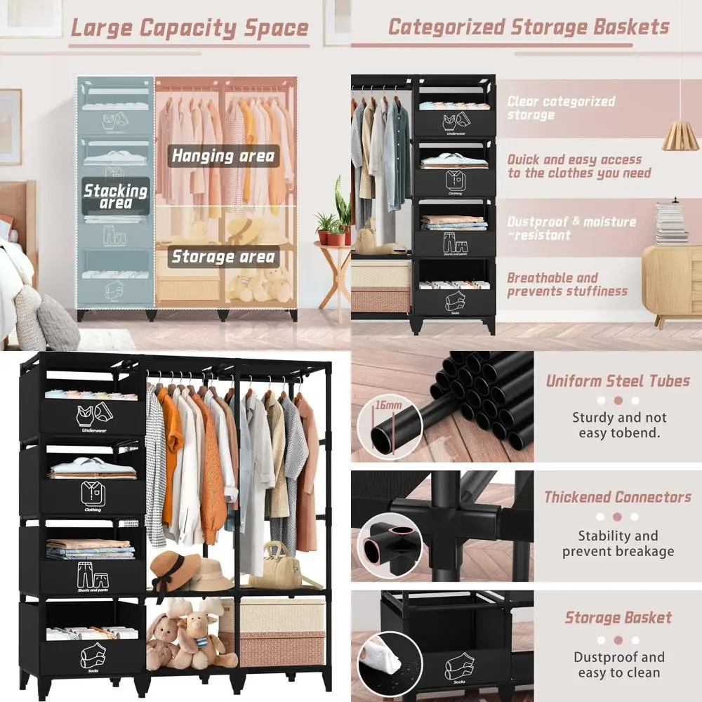 

Space-Saving Portable Wardrobe with 4 Baskets & 2 Rods, Durable and Stable, Ideal for Bedroom or Cloakroom, Black