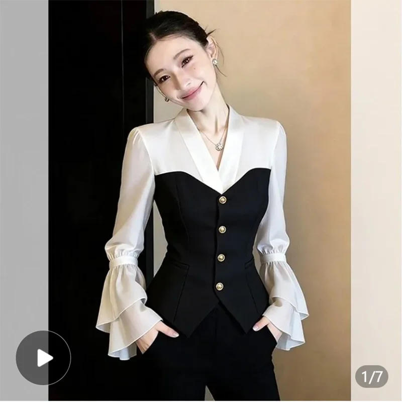 

Early Spring 2026 Black White Shirt High Waist Two-Piece Fake Two-Piece Top Stitched Design Elegant Fashionable