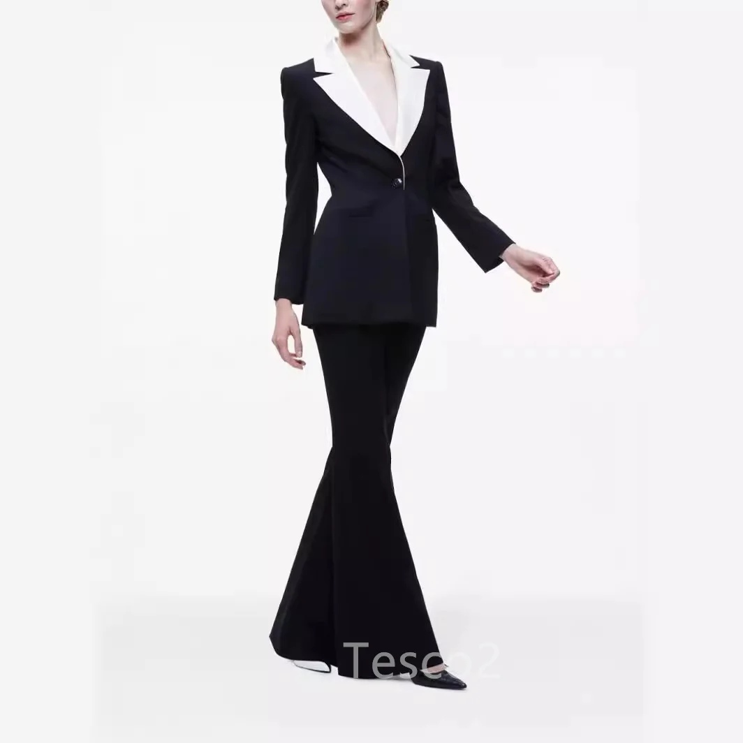 Tesco Classic Black Suit Sets For Women Contrast Color Long Sleeve Blazer Flare Pants Elegant Women Pantsuit Custom Made 2PCS