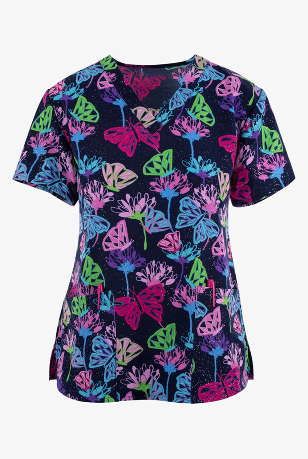 Summer cartoon flower pattern printing nurse scrub top female T-shirt short-sleeved V-neck scrub suit nursing staff female nurse