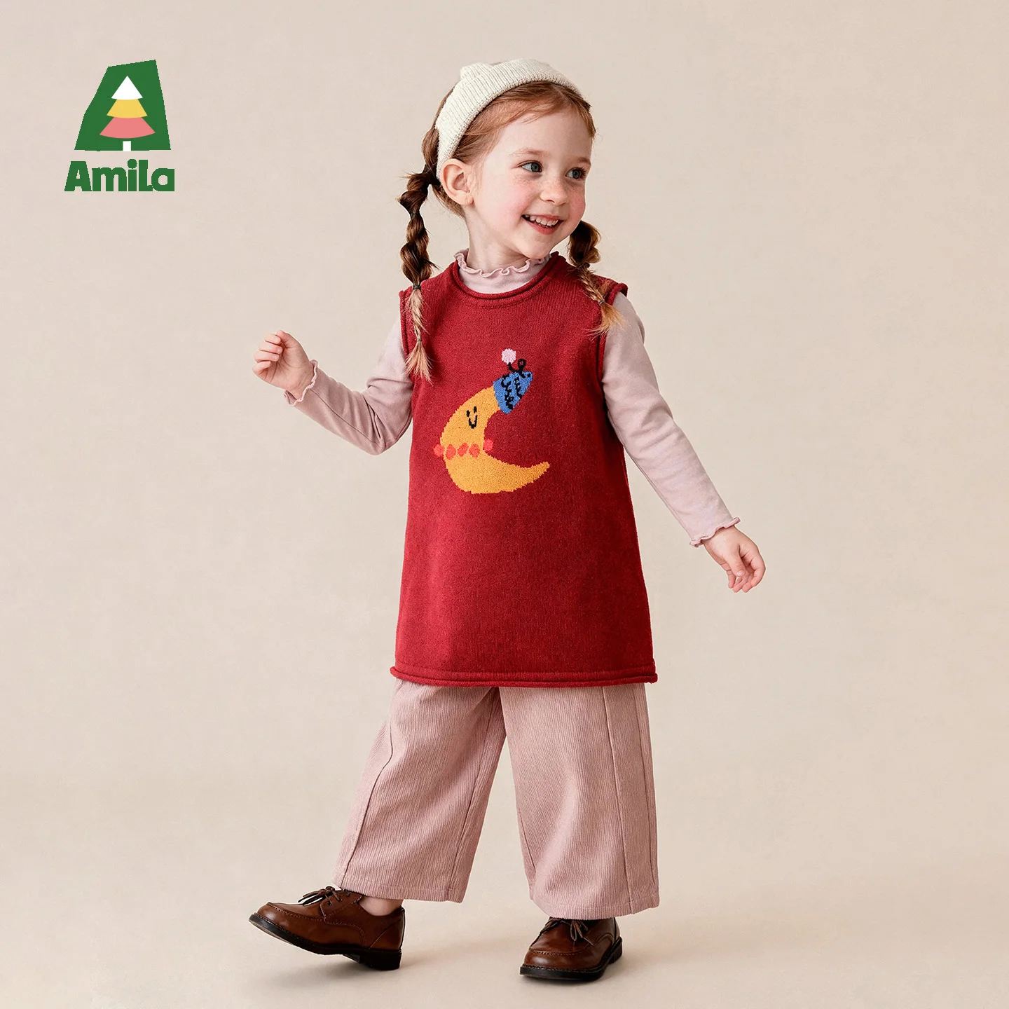Amila 2026 Autumn New Kids Dress Knit Vest Dress Spot Puppy Jacquard Vintage Cute Daily Wear Fashion Long Sleeve Clothing