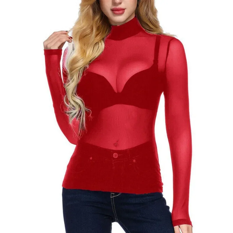 2024 Women's Sexy Long Sleeved Mesh Lace High Neck Perspective Top Perspective Women's Underlay Four Seasons New Style YDL20