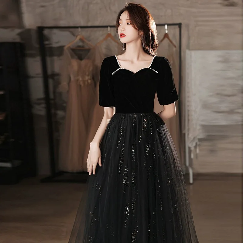

Black Banquet Evening Dress Pearls Beading Sweetheart Collar Sequins Long Formal Party Gowns Women Tulle Prom Dress