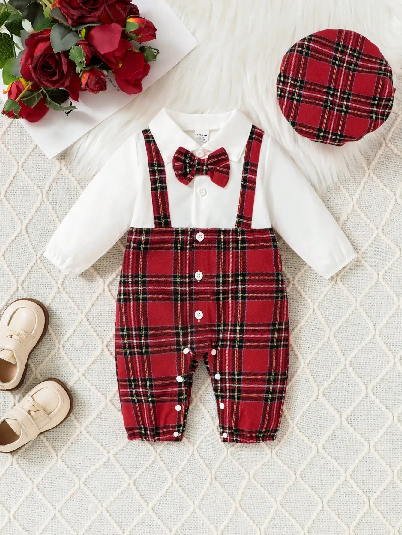 Gentleman Style Autumn Fashion 1-24m Baby Boys\' Onesie Red Plaid Small Bow Tie Color Contrast Breasted Lapel Long-Sleeved Onesie