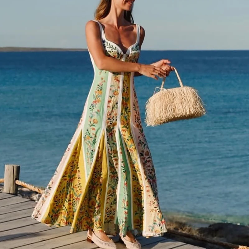 Zomer Vrouwen Diepe V-hals Band Mode Print Lente Zomer Een Lijn Lange Jurk Vrouwen Mouwloze Strand Vakantie Jurken Boho