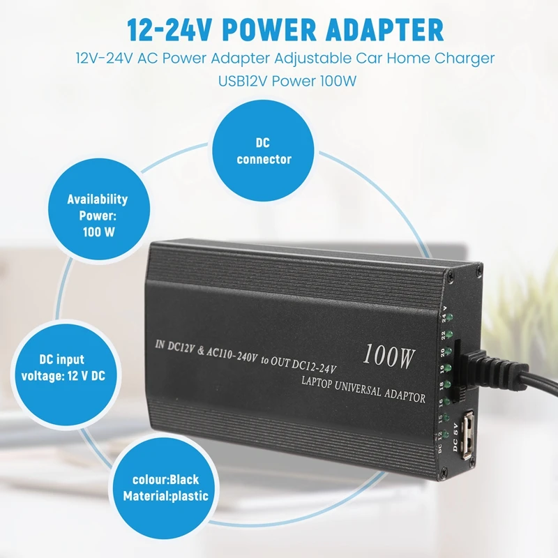 อะแดปเตอร์แปลงไฟ AC 12V-24V อเนกประสงค์ใหม่ชาร์จไฟในบ้านรถ USB12V แหล่งจ่ายไฟ100W 5A แล็ปท็อปพร้อมขั้วต่อ DC 38ชิ้น