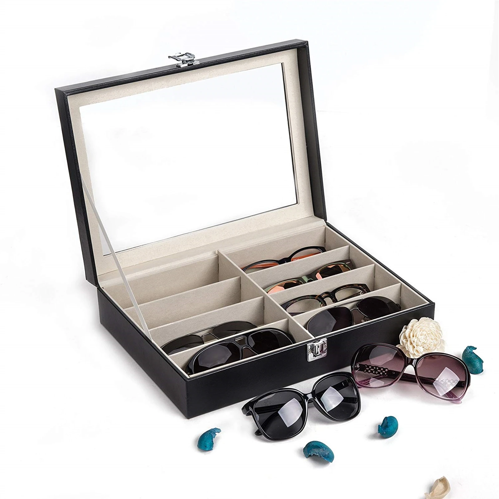 Leather Sunglasses Organizer 8 Slots for Women/Men, Eyeglasses Display Case, Black. Holds Eyewear, Glasses, Collection.