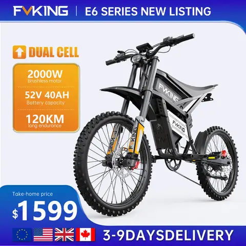 FVKING E6 Electric Bike Adults 2000W Peak Gear Hub Motors Electric Motorcycle 52V33AH Battery Speed 60Kmh Mountain E-bikes GT73