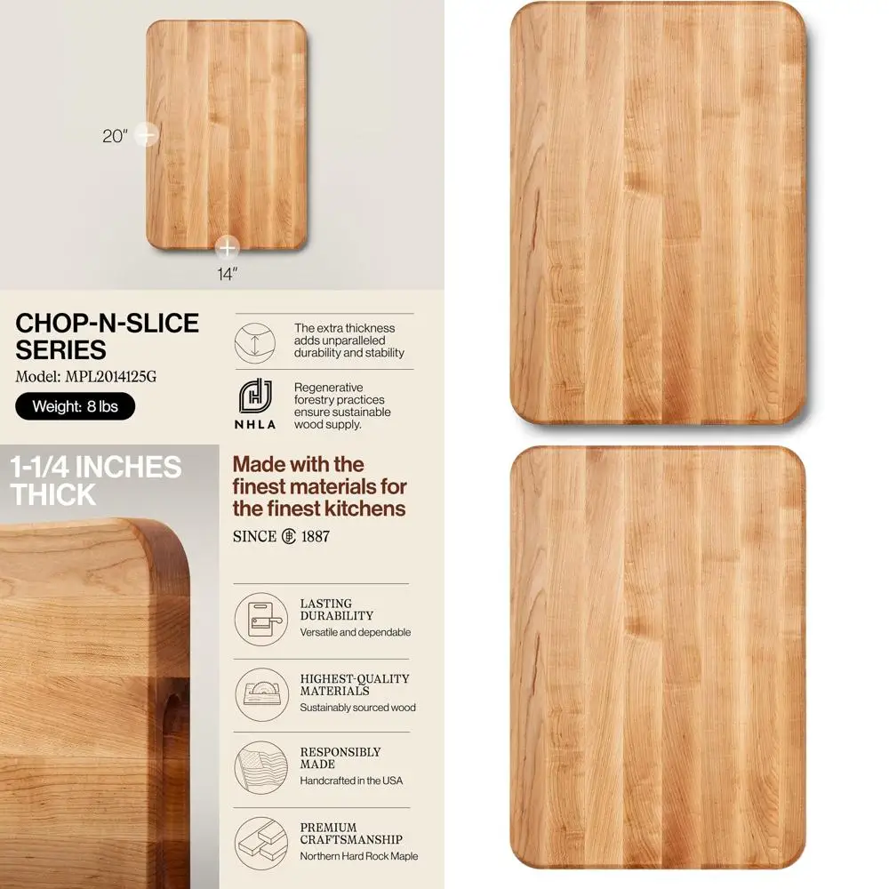 

20 x 14 Reversible Maple Cutting Board, 1.25 Thick, 10 lb, Edge-Grain Design with Finger Grips, Made in USA