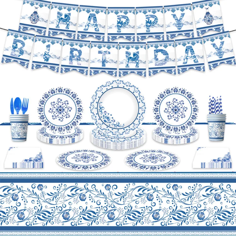 Blue and White Porcelain Theme Birthday Party Decor, Paper Cup, Plate, Tissue Tablecloth, Banner, Baby Shower, Kids Favors,