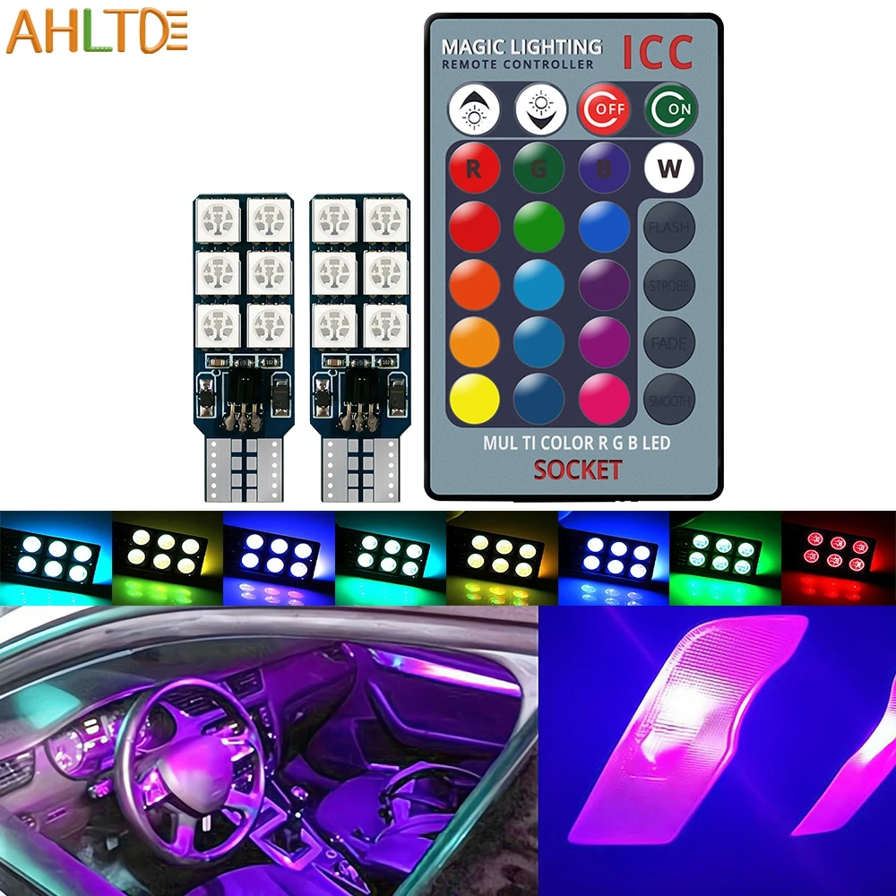 2pcs Auto Interior Decoration Lamp T10 W5W 5050 LED Car Dome Reading License Plate Lights RGB 12LED Remote Controller Colorful