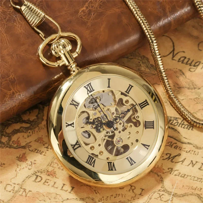 Luxury Skeleton Clock Men Women Handwind Mechanical Pocket Watch Open Face Roman Numeral Timepiece FOB Chain