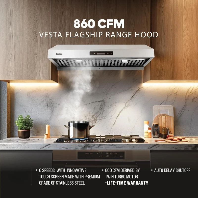 Atlanta 860CFM 30'' Stainless Steel Range Hood With Dual Motor, Auto Delay Shutoff, Contemporary Design, Pro Performanc