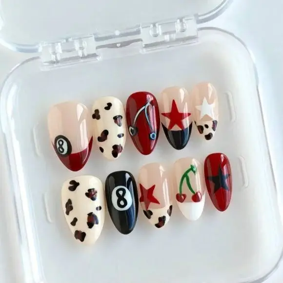 

10pcs Red And Black Billiard Short Almond Handmade Press-On Nails,Suitable For Women's Christmas Parties Wear