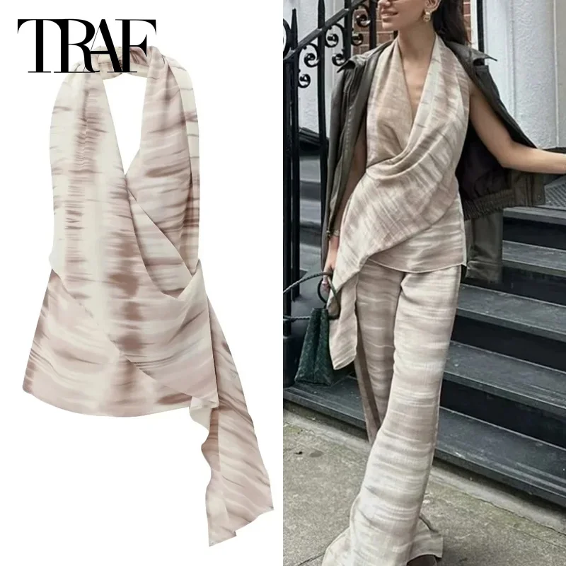 TRAF Women Backless Halter Tank Top Asymmetric Tie Dye Tops Elegant Ruffle Sleeveless Summer 2024 Coquette Vintage Ladies Vests