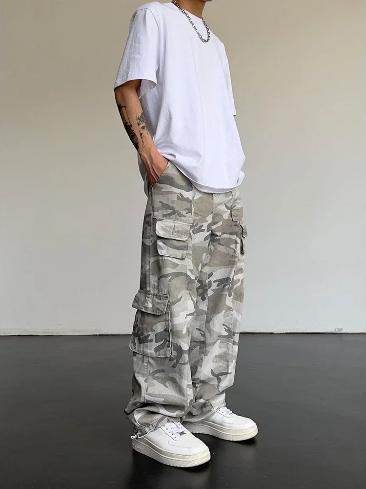 Grey Trekking Camouflage Straight Camo Cargo Pants For Men Trousers Man Wide Cotton Clothing Luxury Regular Fit Designer New In view 3