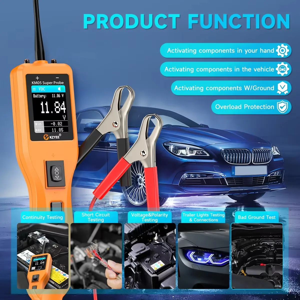 KZYEE KM05 12/24V Car Circuit Tester 0~60V Digital AC/DC Voltage Power Circuit Probe Kit Battery Test Electrical Diagnostic Tool