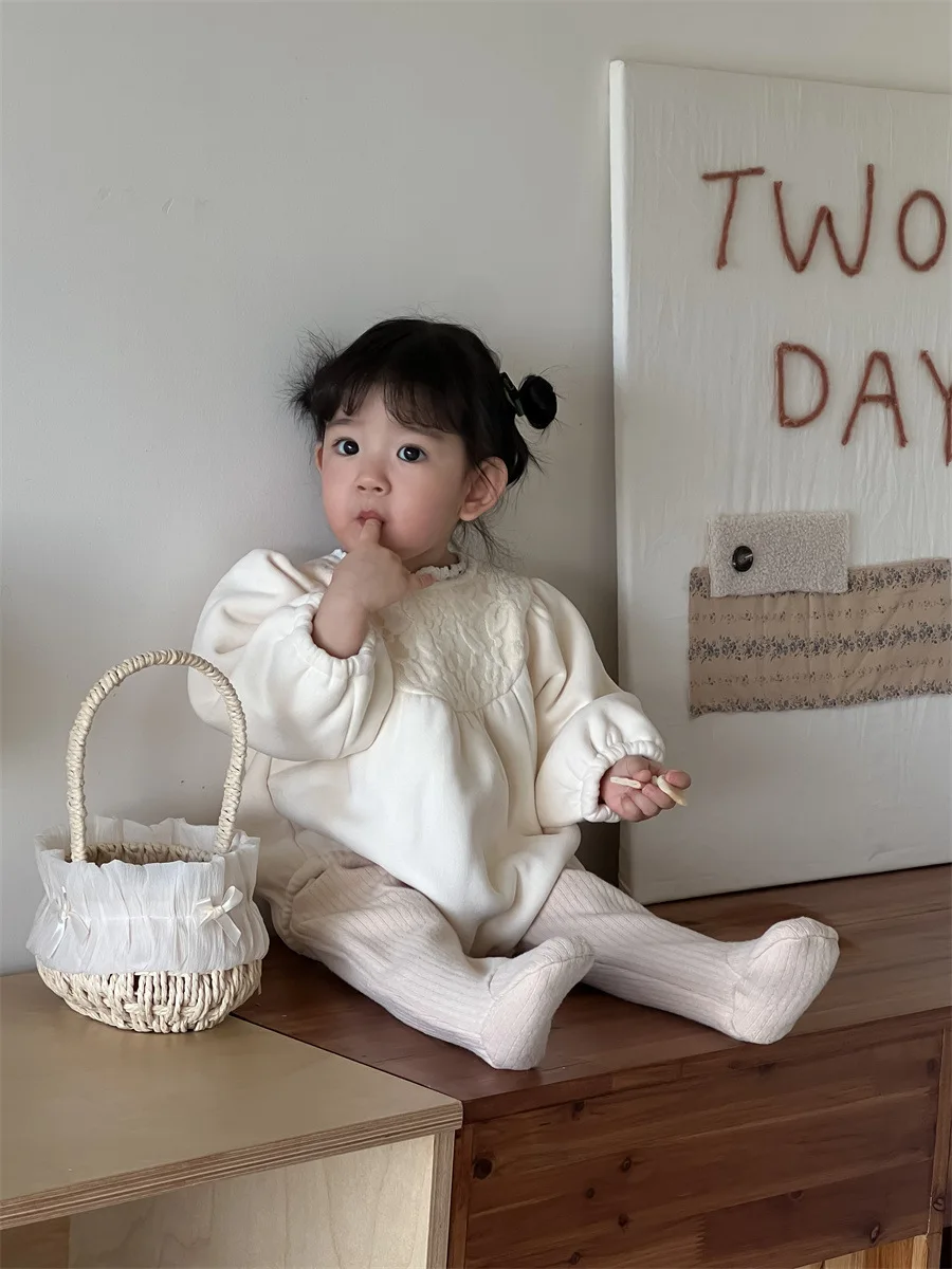 2024 Winter New Baby Girl Long Sleeve Lace Fleece Bodysuit Newborn Toddler Plus Velvet Thick Warm Jumpsuit Infant Clothes 0-24M