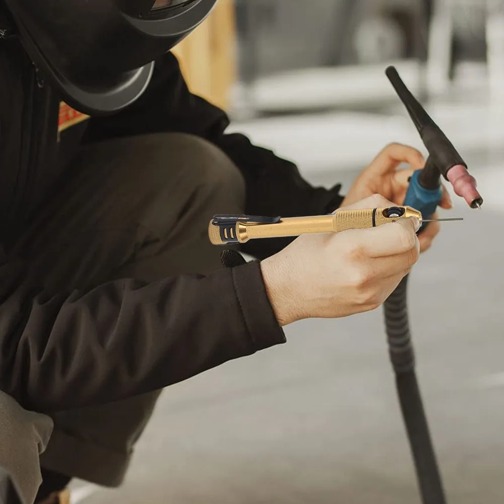 Aluminum Alloy Welding Wire Feed Pen Comfortable Handle Pocket Clip Welding Rod Holder Knurled On Both Ends Gold