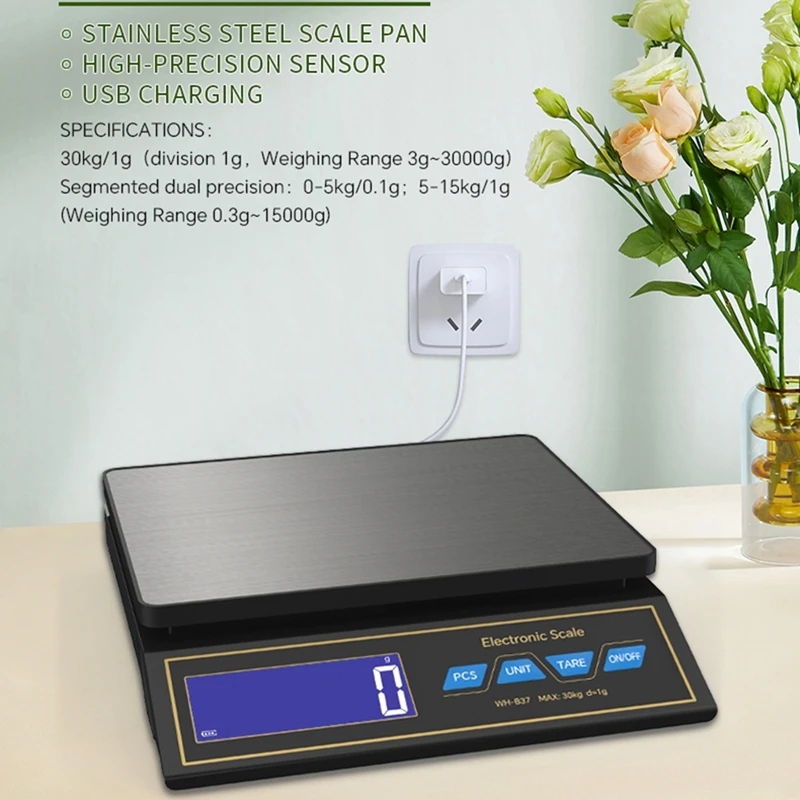 

30kg/1g Large Range Digital Bench Scale LCD Display Electronic Weight Balance Accuracy Kitchen Baking Food USB Counting Scales