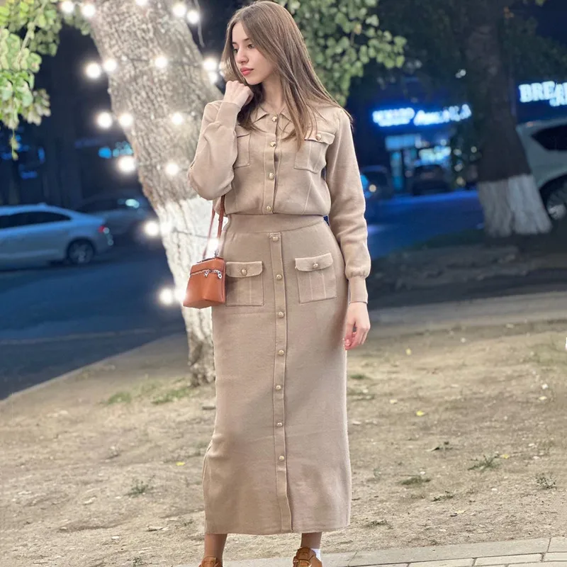 Elegant Knit Blazer Skirt Set Women Black White Brown 2 Piece Matching Set Autumn Winter Vintage Knitted Two Piece Women Sets