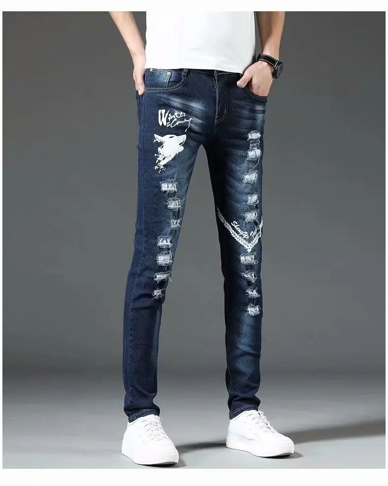 กางเกงยีนส์ยืดใหม่ สไตล์ Y2K ยุค 2000 ปักลายสไตล์เกาหลี ขาดๆ พิมพ์ลาย แฟชั่น กางเกงขายาวทรงสลิมฟิตสำหรับผู้ชาย ไซส์เล็ก สไตล์ลำลอง