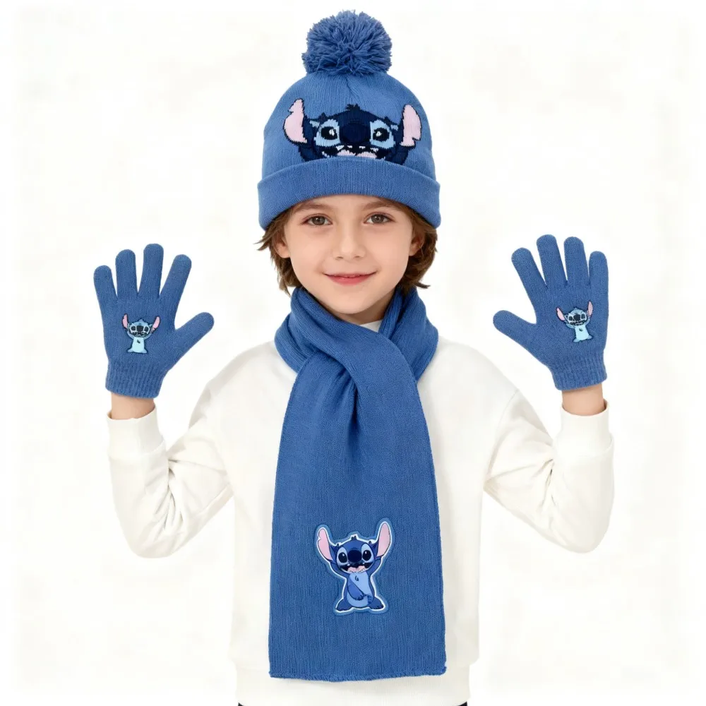 

3Pcs Stitch Baby Knit Gloves Hat Scarf Set Autumn Winter Ear Protection Children Beanie Cap for Girls Boys Cute Outdoor Warm