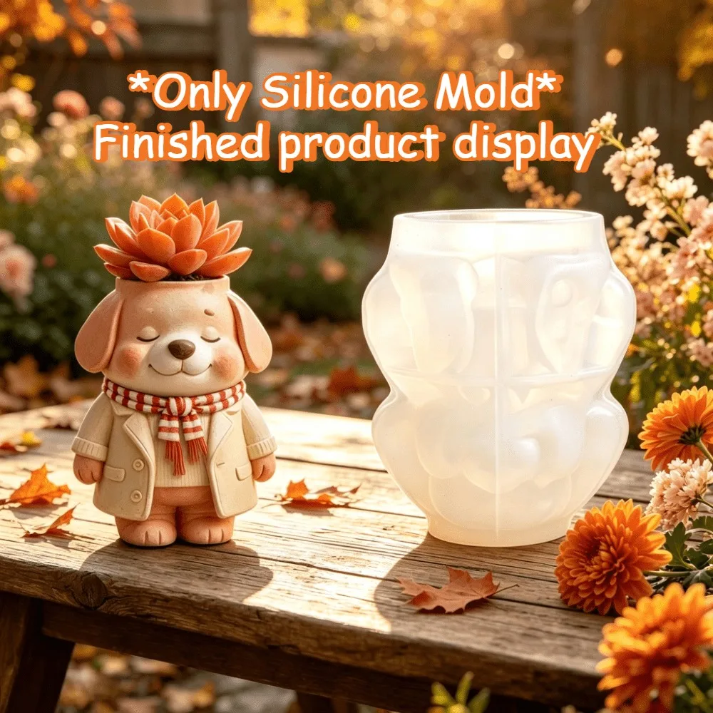 3D Cute Puppy with Scarf Pen Holder Silicone Mold, DIY Epoxy Resin Gypsum Succulent Pot Makeup Brush Storage Desktop Decor Mould