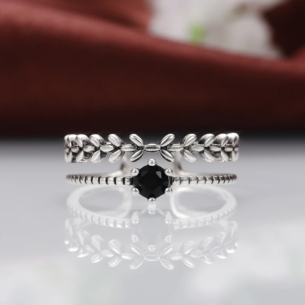 Huitan Antique Silver Color Vintage Adjustable Rings for Women Branch Black Stone Double Layer Opening Rings Fancy Girls Jewelry