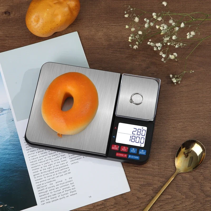 Digitale Küchenwaage mit Doppelplattform, 5 kg x 0,1 g, 500 g x 0,01, präzises LCD-Display, Edelstahl, Kochen, Backen, Lebensmittel, USB-Gewichtswerkzeuge