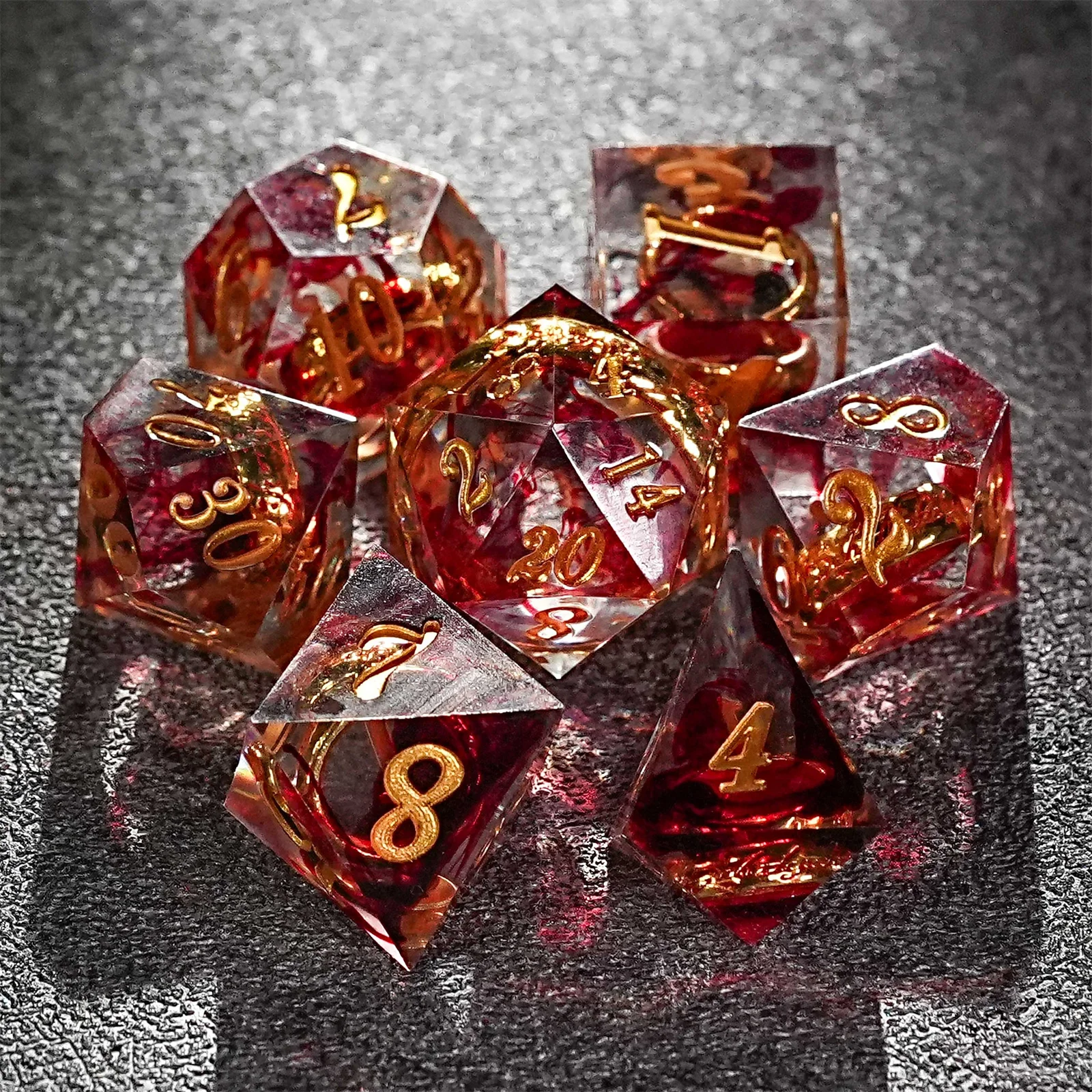 

7Pcs Red DND Solid Resin Dice Set Golden Word Multi-sided Polyhedral Dice for D&D Game COC Role Playing RPG D6~D20